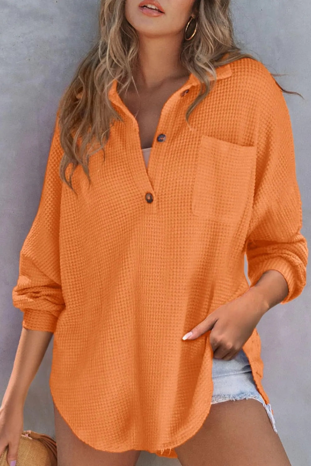 Half Button Long Sleeve Sweatshirt-TOPS / DRESSES-[Adult]-[Female]-Tangerine-S-2022 Online Blue Zone Planet