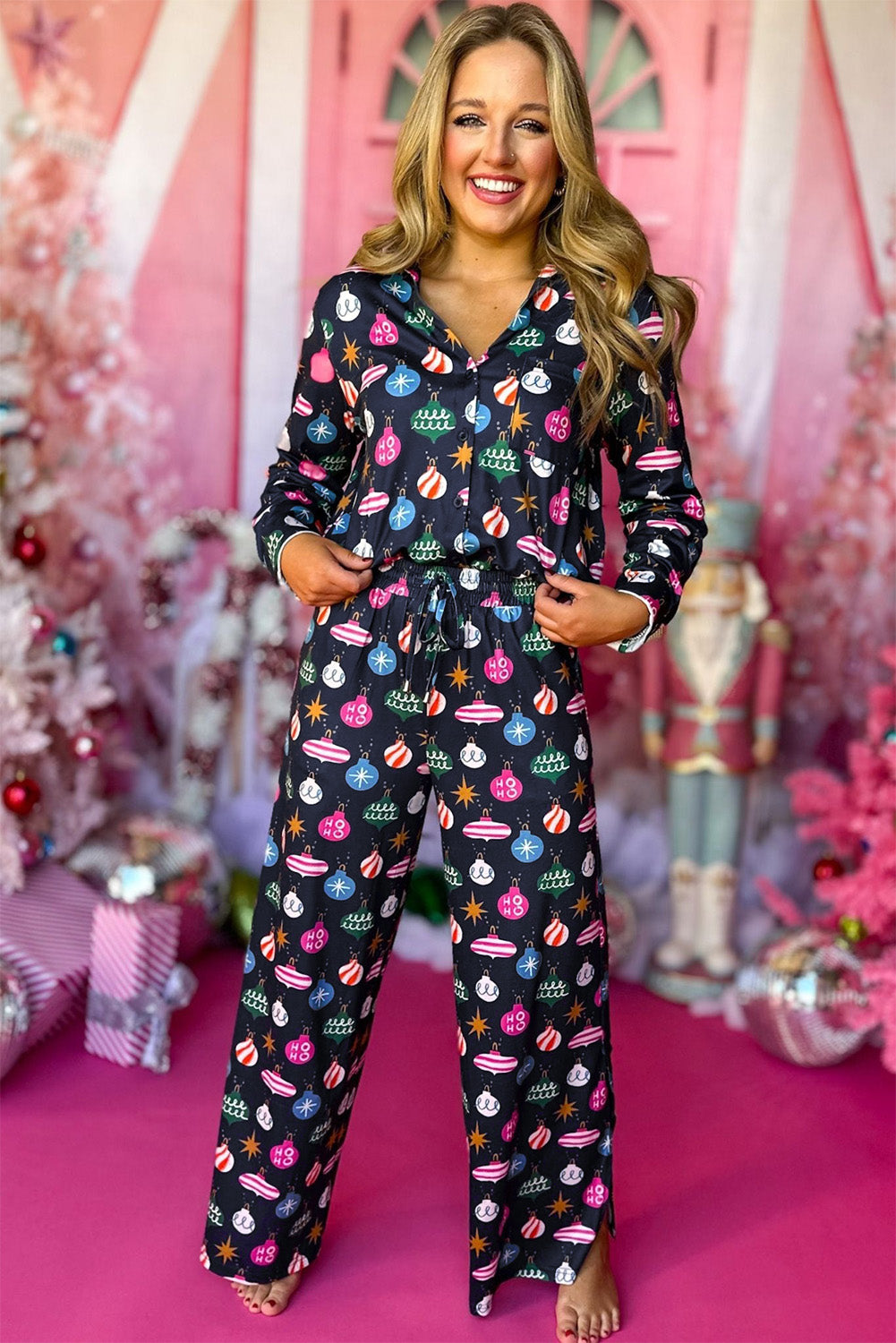 Navy Blue Colorful Christmas Lights Print Shirt and Pants Pajama Set-Loungewear & Sleepwear/Sleepwear-[Adult]-[Female]-2022 Online Blue Zone Planet