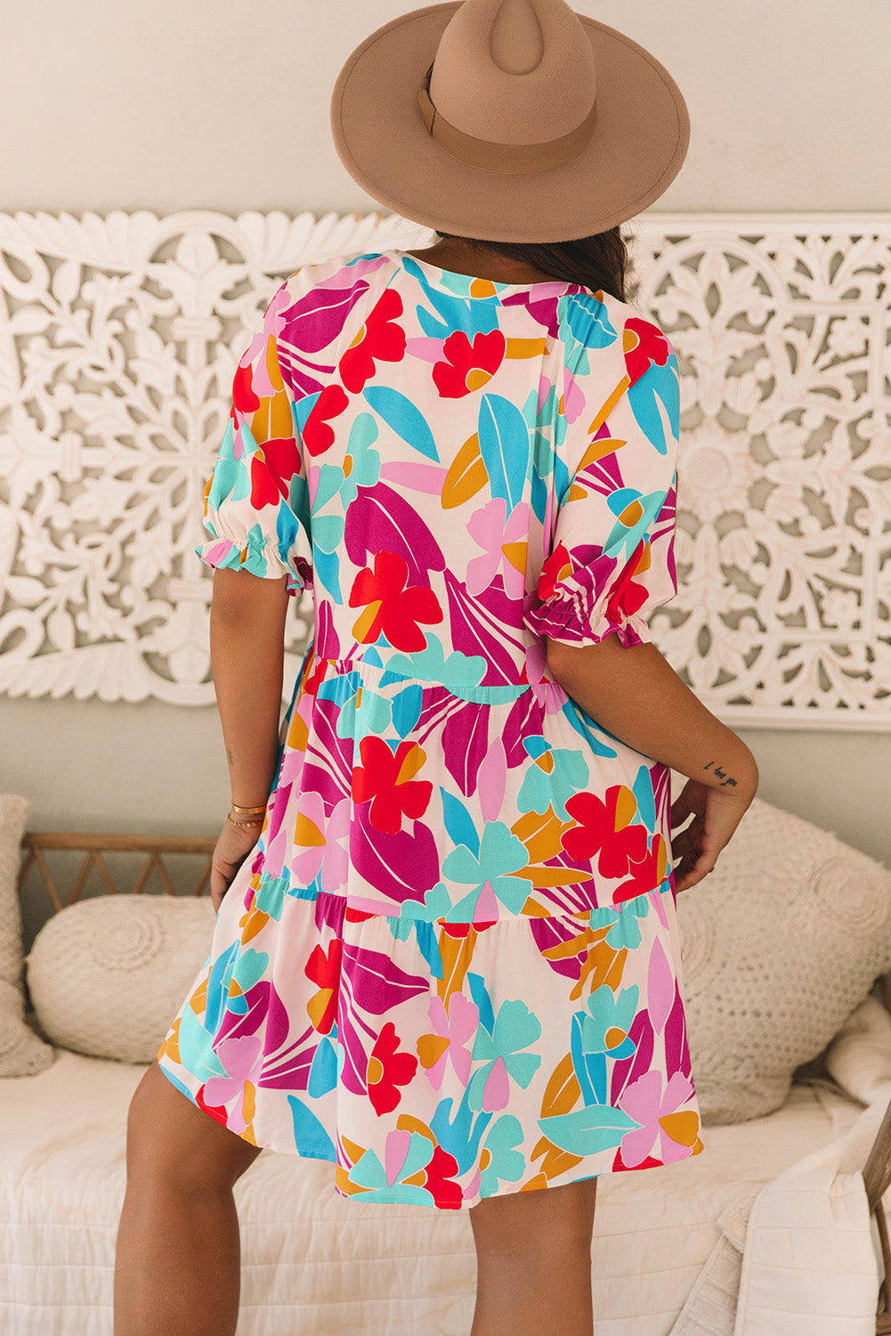 Rose Red Floral Bubble Sleeve V Neck Tiered Ruffle Babydoll Dress-TOPS / DRESSES-[Adult]-[Female]-2022 Online Blue Zone Planet