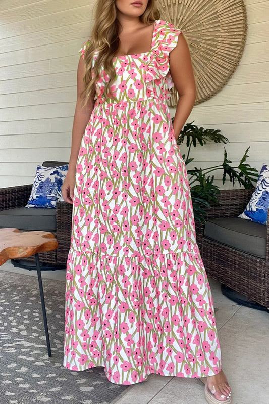Pink Plus Size Ruffle Trim Square Neck High Waist Floral Maxi Dress-TOPS / DRESSES-[Adult]-[Female]-Pink-1X-2022 Online Blue Zone Planet