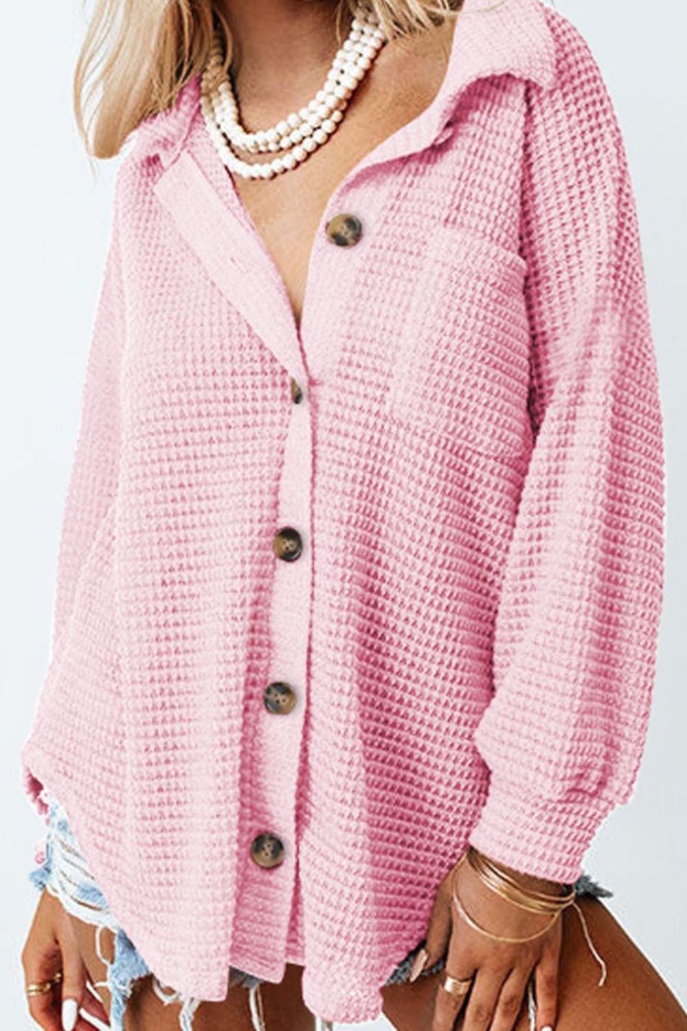 Waffle-Knit Collared Neck Long Sleeve Shirt-TOPS / DRESSES-[Adult]-[Female]-Blush Pink-S-2022 Online Blue Zone Planet