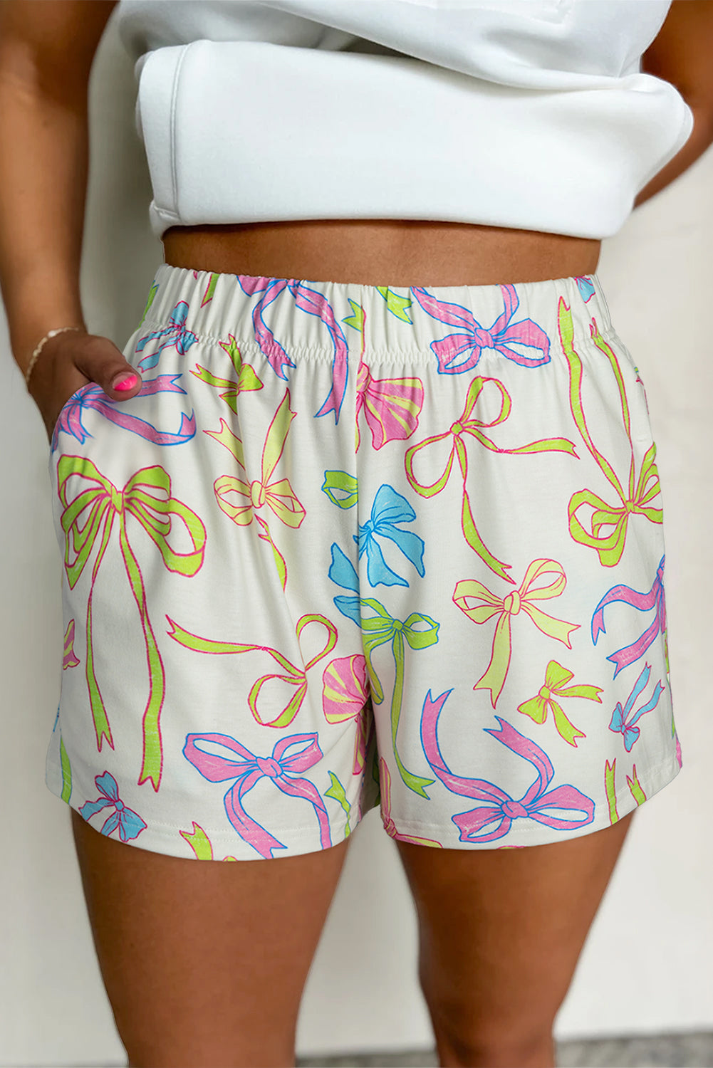 White Cheerful Bow Print Elastic Pull On Casual Shorts-Bottoms/Casual Shorts-[Adult]-[Female]-White-S-2022 Online Blue Zone Planet