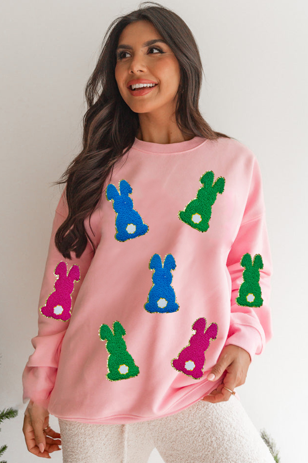 Pink Easter Bunny Chenille Patched Graphic Drop Shoulder Sweatshirt-Graphic/Graphic Sweatshirts-[Adult]-[Female]-2022 Online Blue Zone Planet