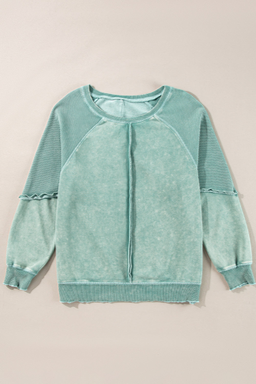 Mineral Blue Solid Waffle Knit Patchwork Raglan Sleeve Sweatshirt-Tops/Sweatshirts & Hoodies-[Adult]-[Female]-2022 Online Blue Zone Planet