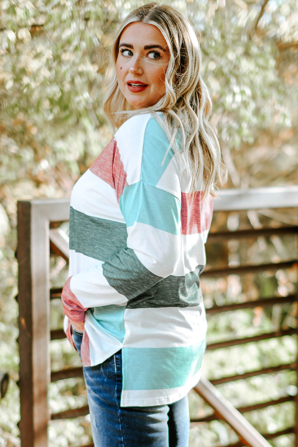 Green Plus Size Colorblock Pullover Top-Plus Size/Plus Size Tops/Plus Size Long Sleeve Tops-[Adult]-[Female]-2022 Online Blue Zone Planet