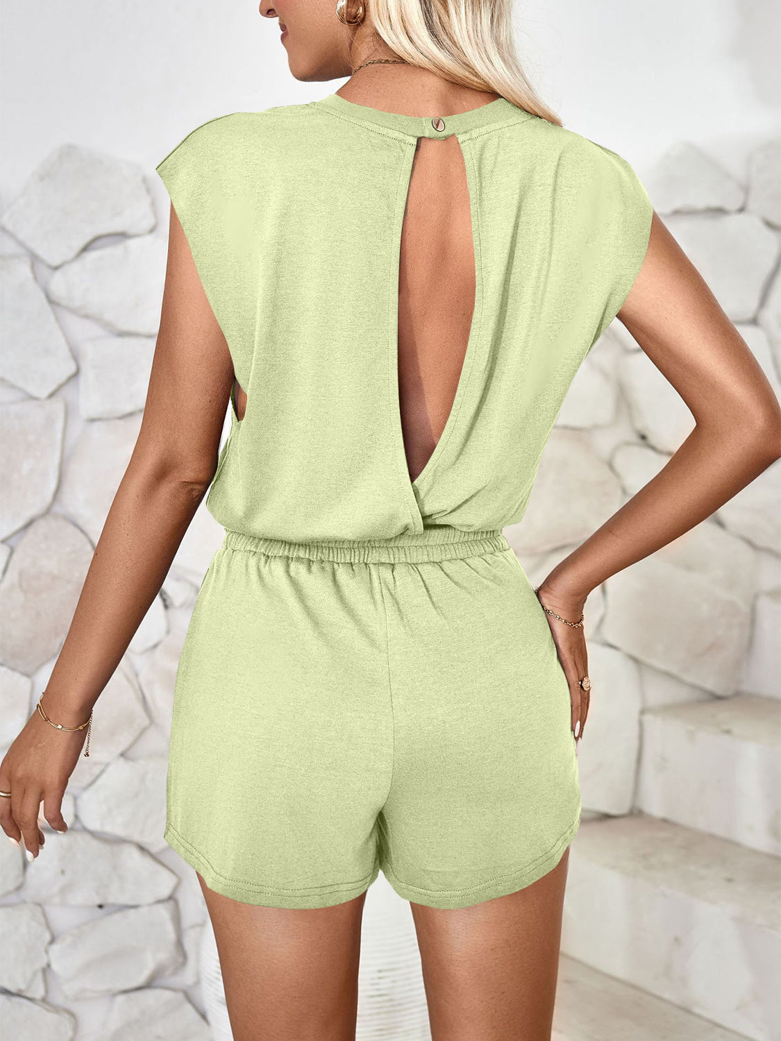 Blue Zone Planet | Lovelet Cutout Round Neck Cap Sleeve Romper-TOPS / DRESSES-[Adult]-[Female]-Light Green-S-2022 Online Blue Zone Planet