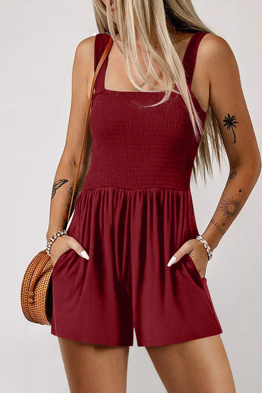 Burgundy Casual Pocketed Smocked Sleeveless Romper-Bottoms/Jumpsuits & Rompers-[Adult]-[Female]-Burgundy-S-2022 Online Blue Zone Planet