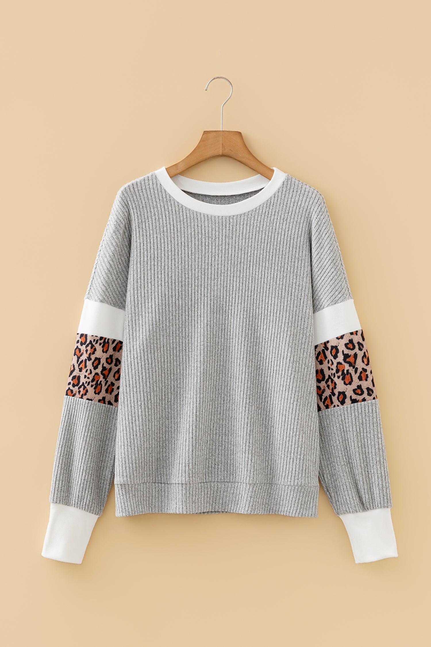Gray Leopard Print Colorblock Patchwork Ribbed Knit Top-Tops/Long Sleeve Tops-[Adult]-[Female]-2022 Online Blue Zone Planet