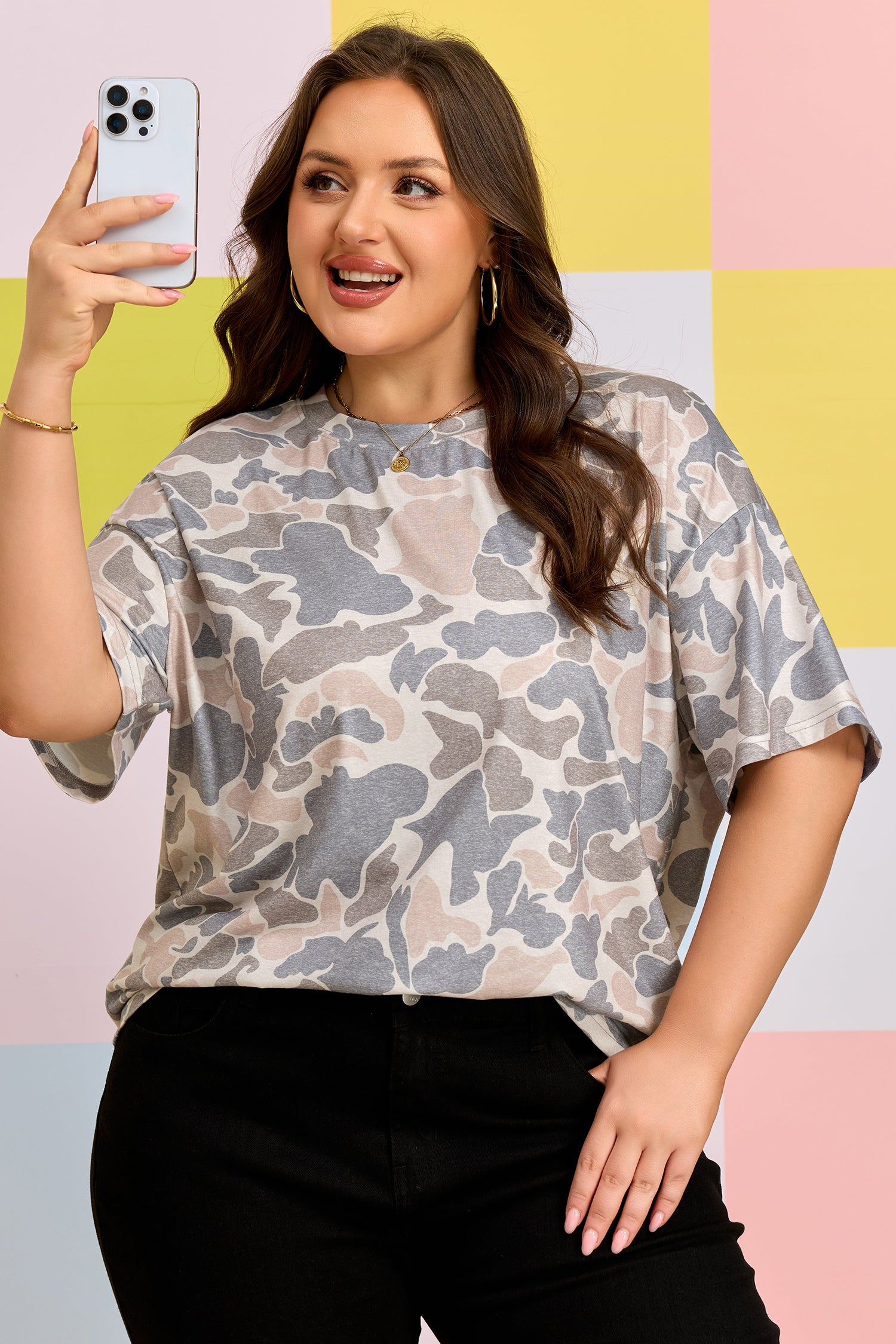 Multicolour Retro Camouflage Print Plus Size T Shirt-Plus Size/Plus Size Tops/Plus Size Tops & Tees-[Adult]-[Female]-2022 Online Blue Zone Planet