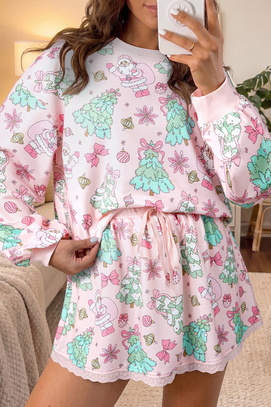 Pink Floral Print Lace Trim Long Sleeve Skirt Set-Two Piece Sets/Two Piece Dresses-[Adult]-[Female]-Pink-S-2022 Online Blue Zone Planet