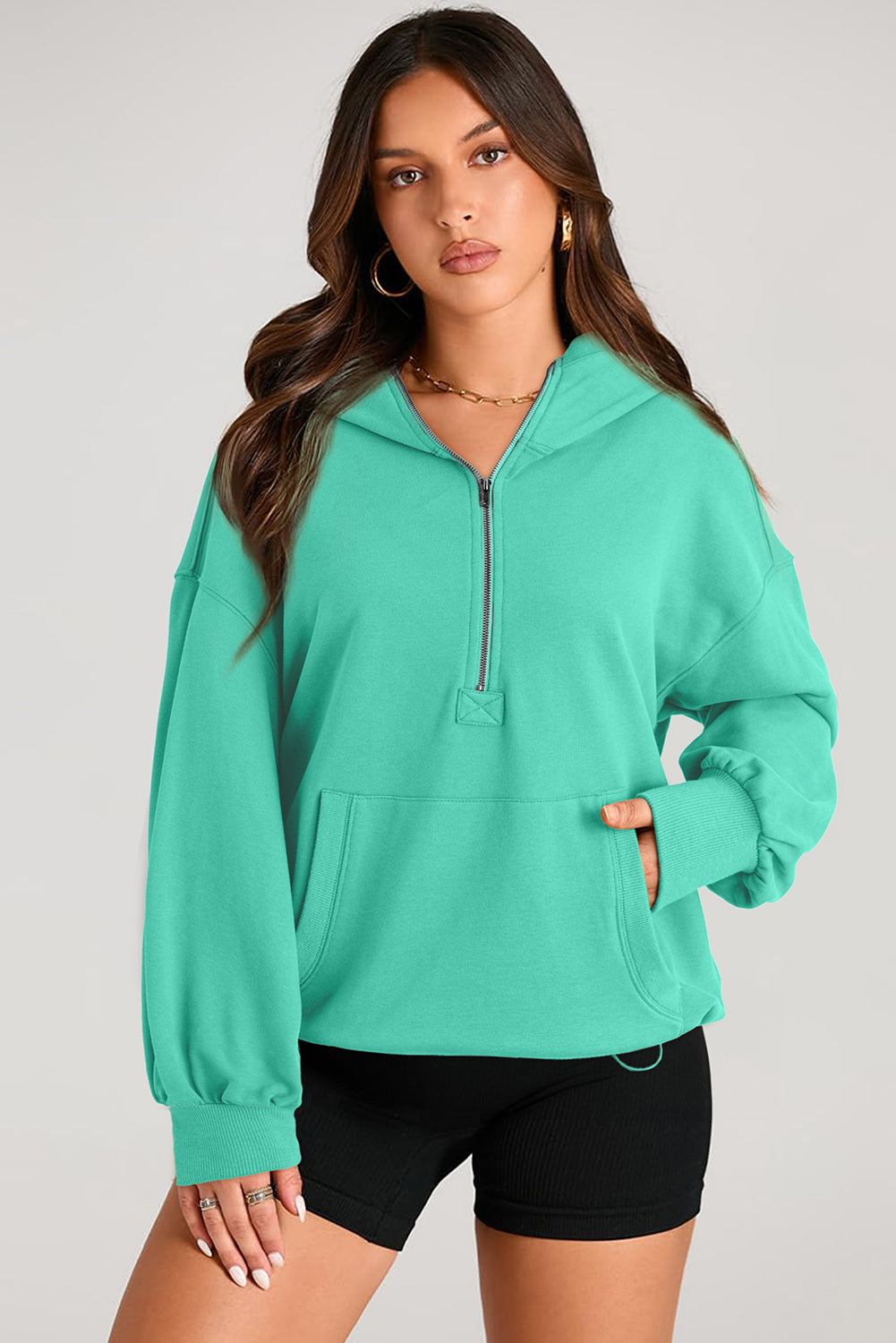 Brown Solid Kangaroo Pocket Half Zipper Oversized Hoodie-Tops/Sweatshirts & Hoodies-[Adult]-[Female]-2022 Online Blue Zone Planet