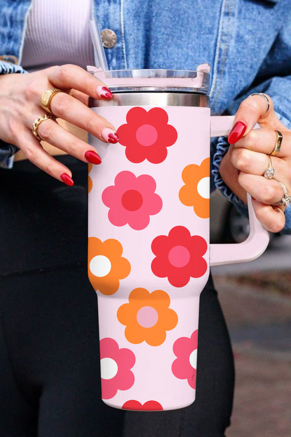 Multicolor Flower Print Handled Stainless Steel Vacuum Cup 40oz-Accessories/Tumblers-[Adult]-[Female]-2022 Online Blue Zone Planet