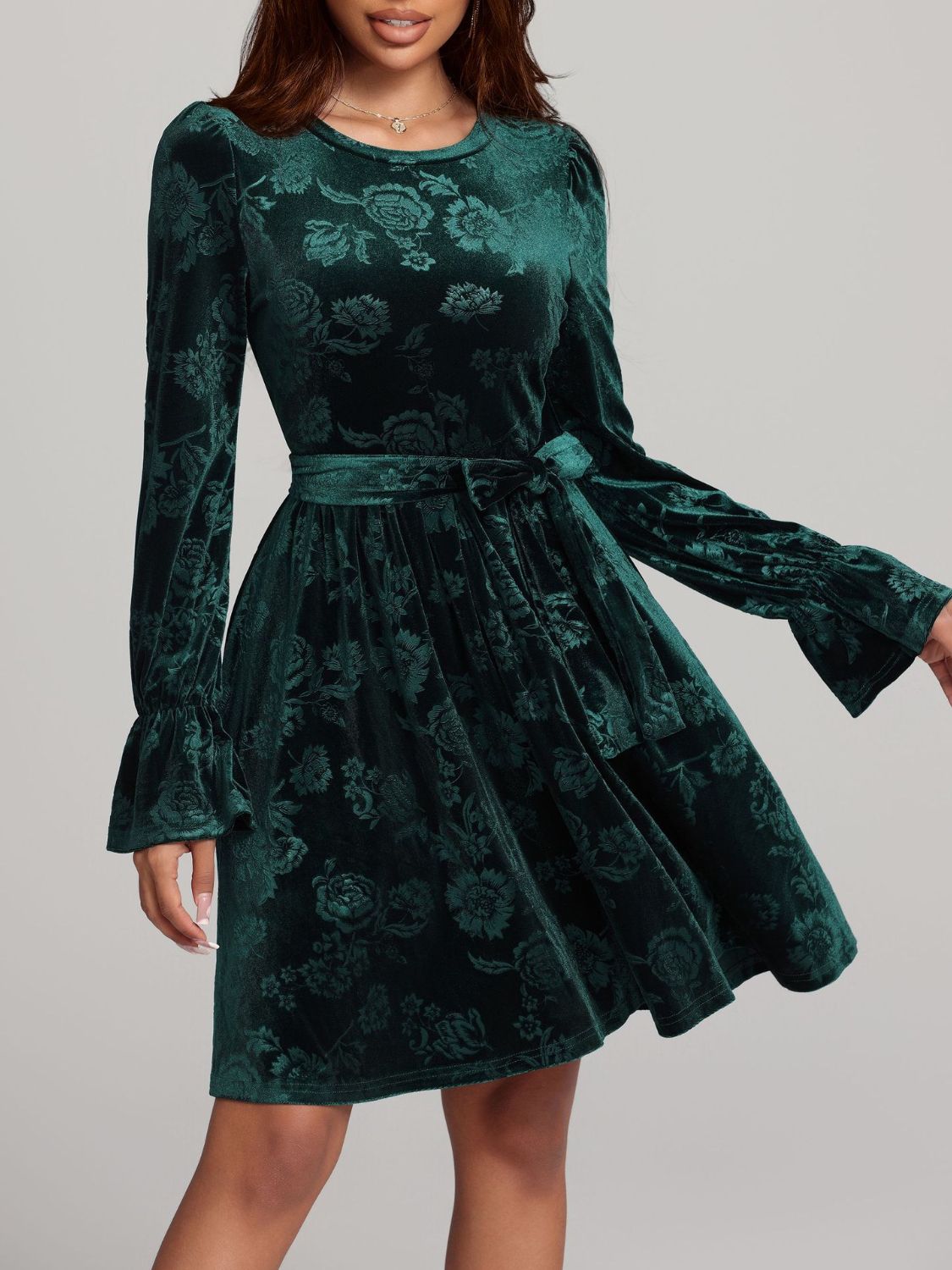 Blue Zone Planet | Tied Flower Print Round Neck Flounce Sleeve Dress-TOPS / DRESSES-[Adult]-[Female]-Dark Green-S-2022 Online Blue Zone Planet