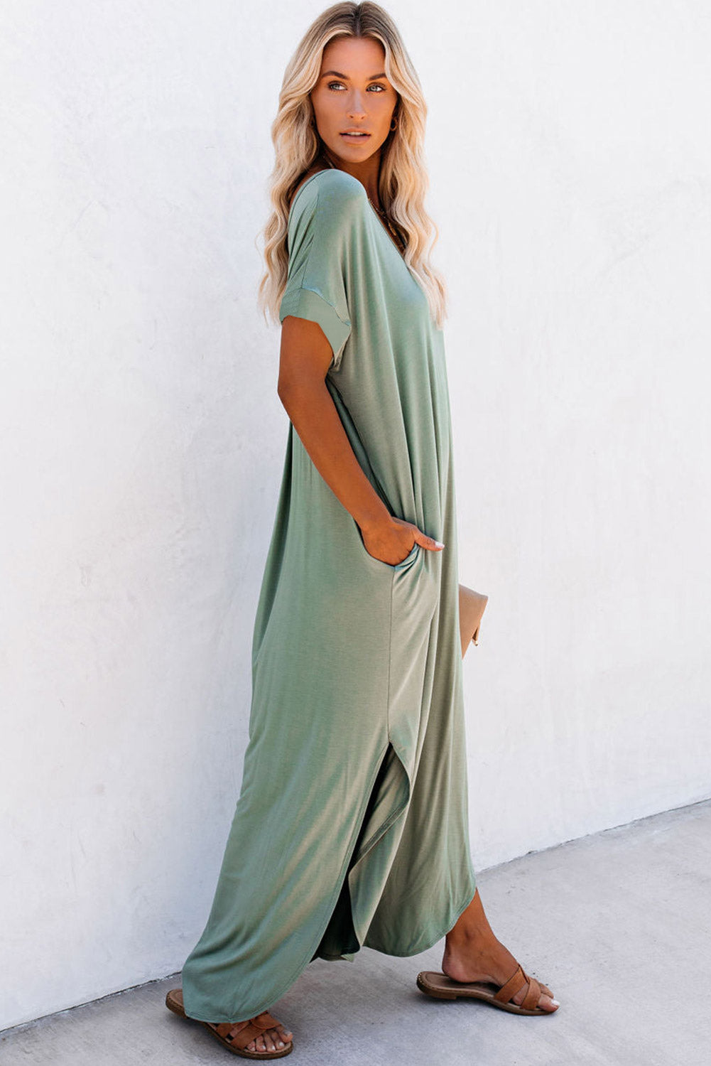 Blue Zone Planet |  Grass Green V Neck Hidden Pocket Splits Maxi T-shirt Dress Blue Zone Planet