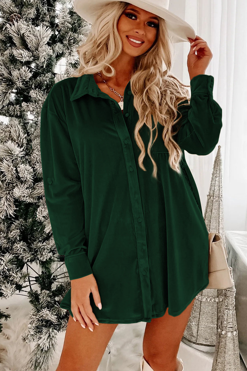 Blue Zone Planet | Blackish Green Velvet Button Front Shirt Mini Dress-TOPS / DRESSES-[Adult]-[Female]-2022 Online Blue Zone Planet