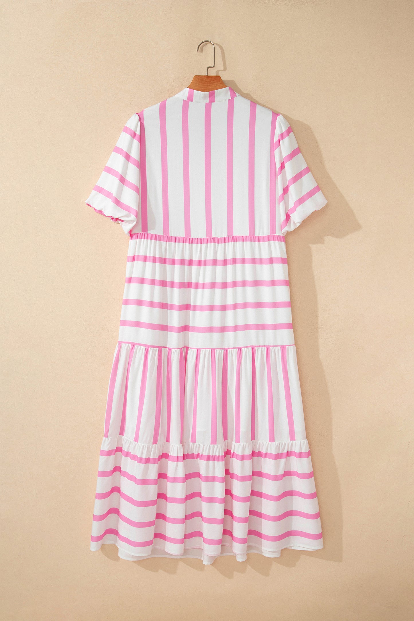 Pink Stripe Plus Size V Neck Short Puff Sleeve Tiered Maxi Dress-TOPS / DRESSES-[Adult]-[Female]-2022 Online Blue Zone Planet