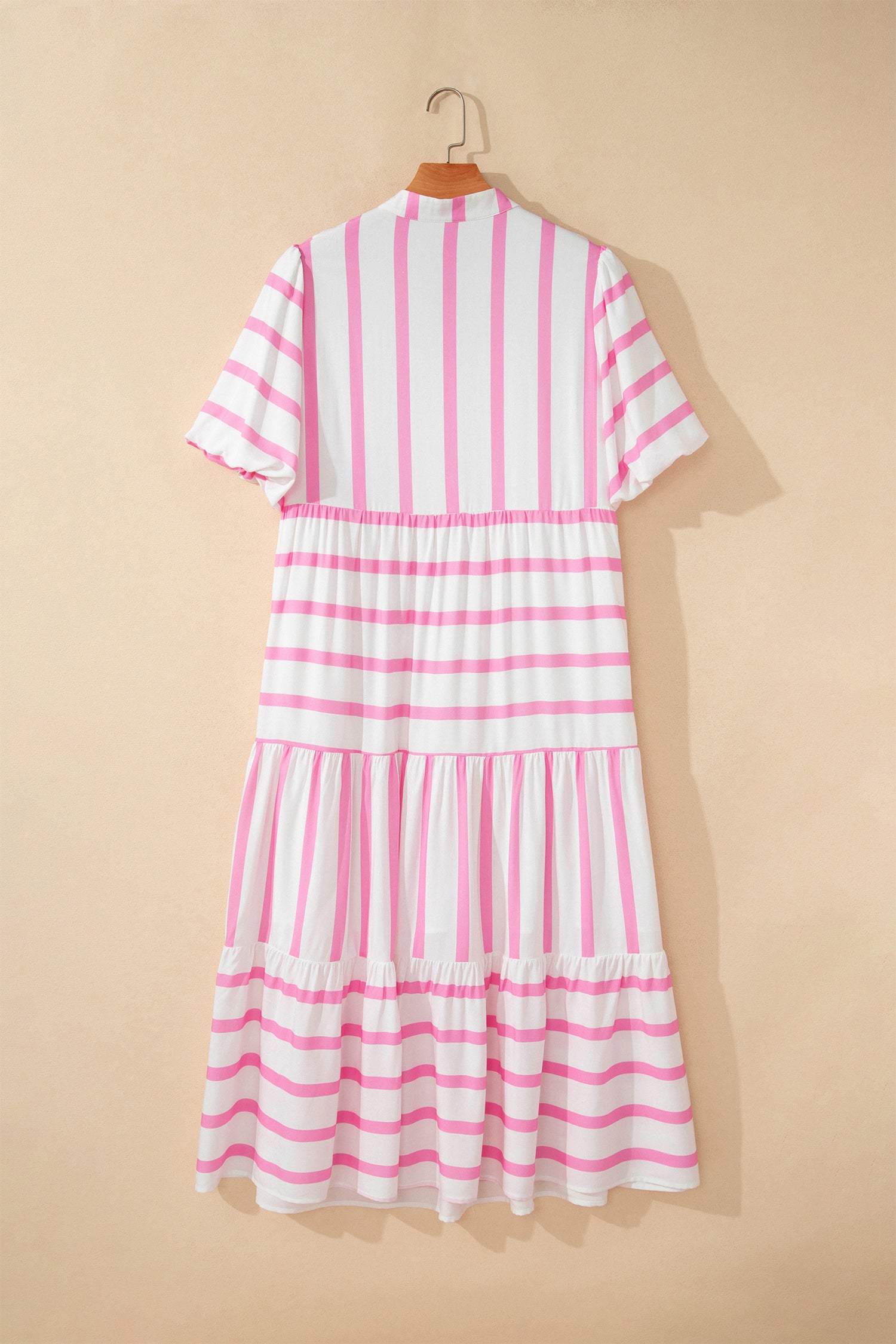 Pink Stripe Plus Size V Neck Short Puff Sleeve Tiered Maxi Dress-TOPS / DRESSES-[Adult]-[Female]-2022 Online Blue Zone Planet