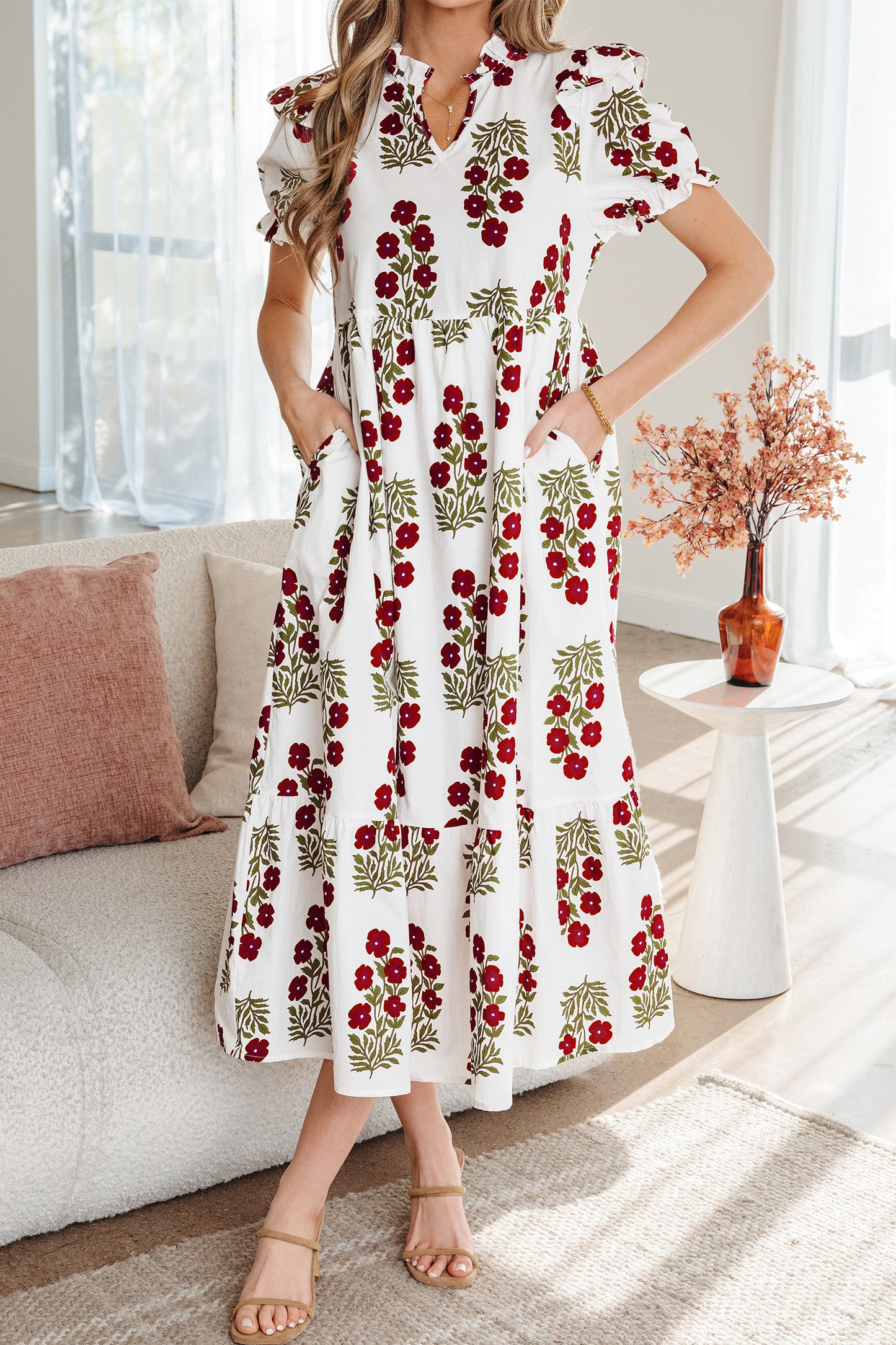Beige Floral Short Bubble Sleeve Tiered Maxi Dress-TOPS / DRESSES-[Adult]-[Female]-2022 Online Blue Zone Planet