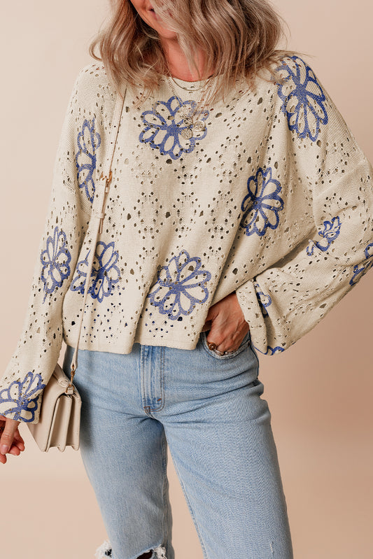 Beige Contrast Flower Print Eyelet Drop Shoulder Sweater-Sweaters & Cardigans/Sweaters-[Adult]-[Female]-Beige-S-2022 Online Blue Zone Planet