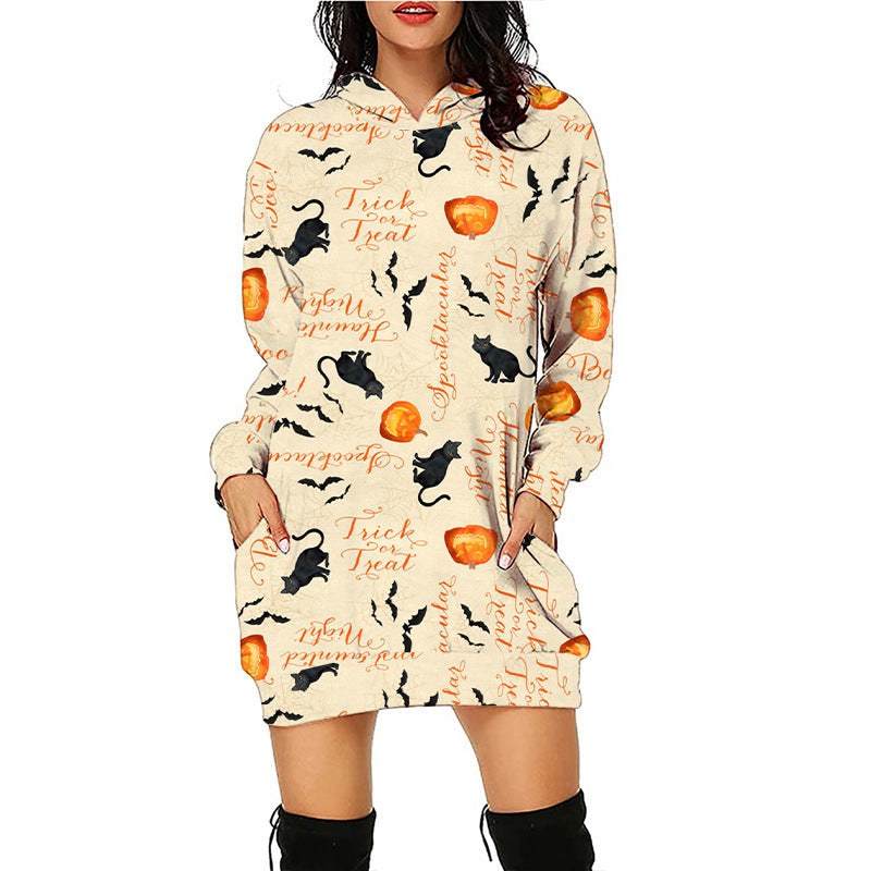 Blue Zone Planet | Women Halloween Pumpkin Print Hoodie Dress-TOPS / DRESSES-[Adult]-[Female]-Pattern3-S-2022 Online Blue Zone Planet