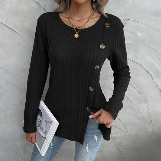 Blue Zone Planet | Women's round neck slit button long sleeve top-[Adult]-[Female]-Black-S-2022 Online Blue Zone Planet