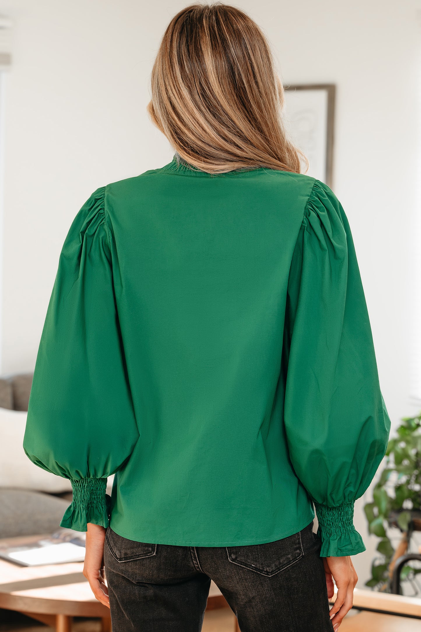 Evergreen Puffy Flounce Sleeve Leopard Trim V Neck Blouse-Tops/Blouses & Shirts-[Adult]-[Female]-2022 Online Blue Zone Planet