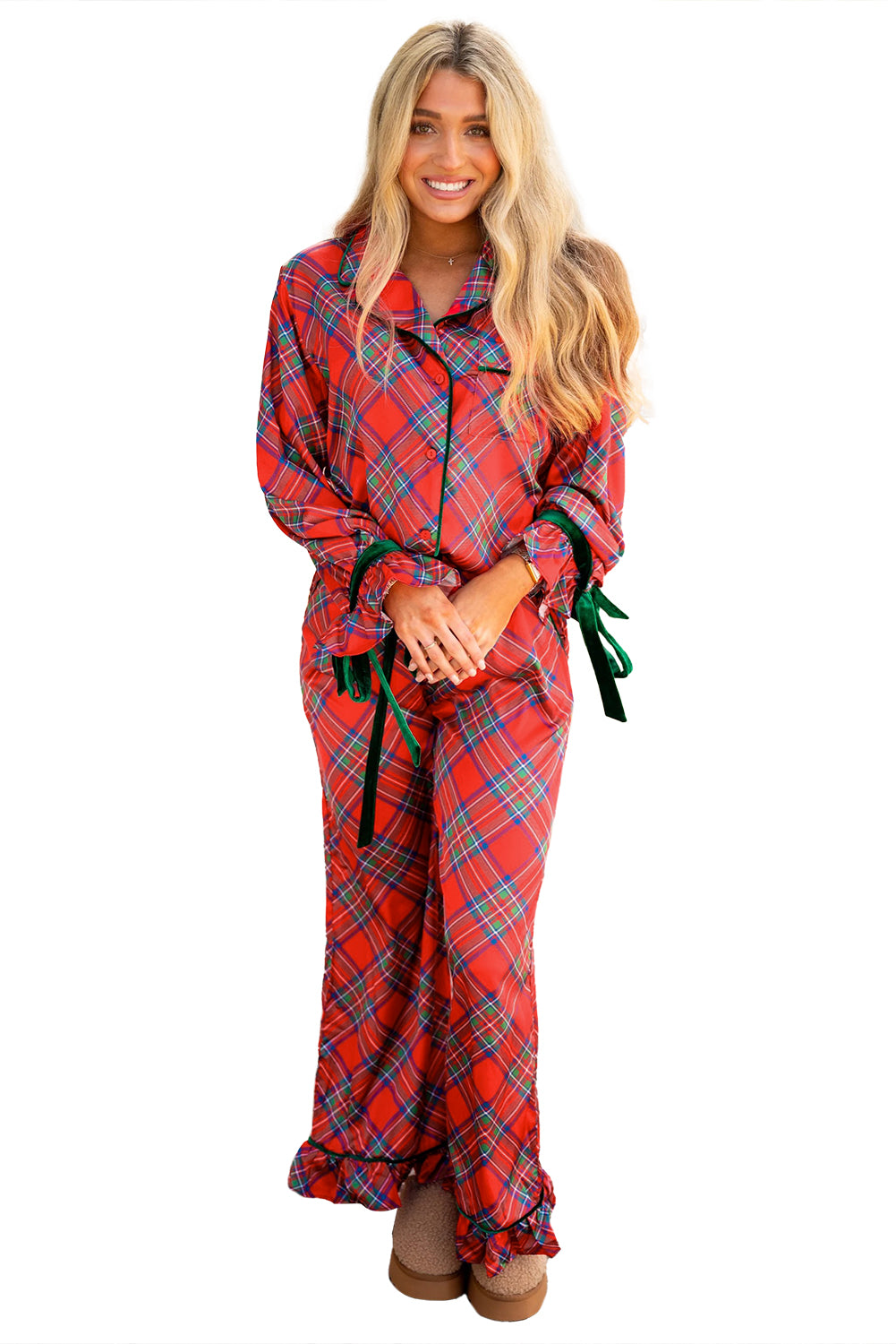 Fiery Red Christmas Plaid Satin Pajama Set-Loungewear Set-[Adult]-[Female]-2022 Online Blue Zone Planet
