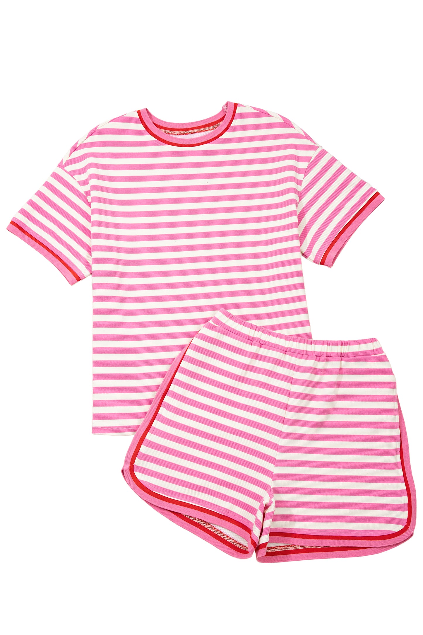 Pink Stripe Contrast Trim Short Sleeve Top Loose Shorts 2pcs Casual Outfit-Two Piece Sets/Short Sets-[Adult]-[Female]-2022 Online Blue Zone Planet
