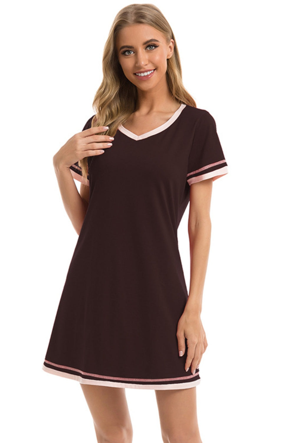 Blue Zone Planet | Contrast Trim Short Sleeve Lounge Dress-TOPS / DRESSES-[Adult]-[Female]-Chocolate-S-2022 Online Blue Zone Planet