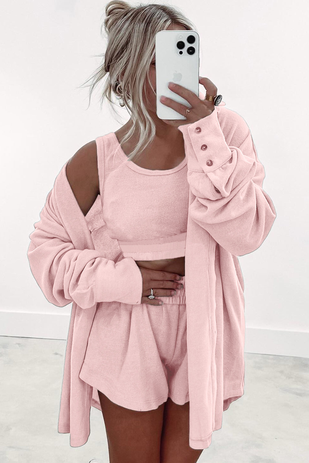 Light Pink 3 Pcs Crop Tank Top Shorts with Cardigan Lounge Set-Loungewear & Sleepwear/Loungewear-[Adult]-[Female]-2022 Online Blue Zone Planet