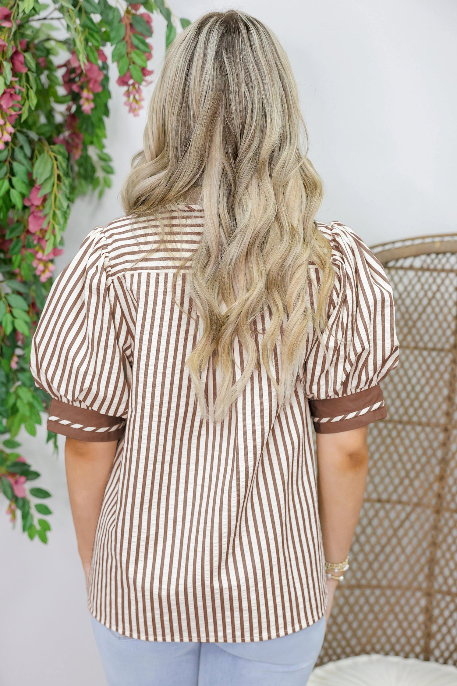 Khaki Stripe Collared Split Neck Short Bubble Sleeve Blouse-Tops/Blouses & Shirts-[Adult]-[Female]-2022 Online Blue Zone Planet