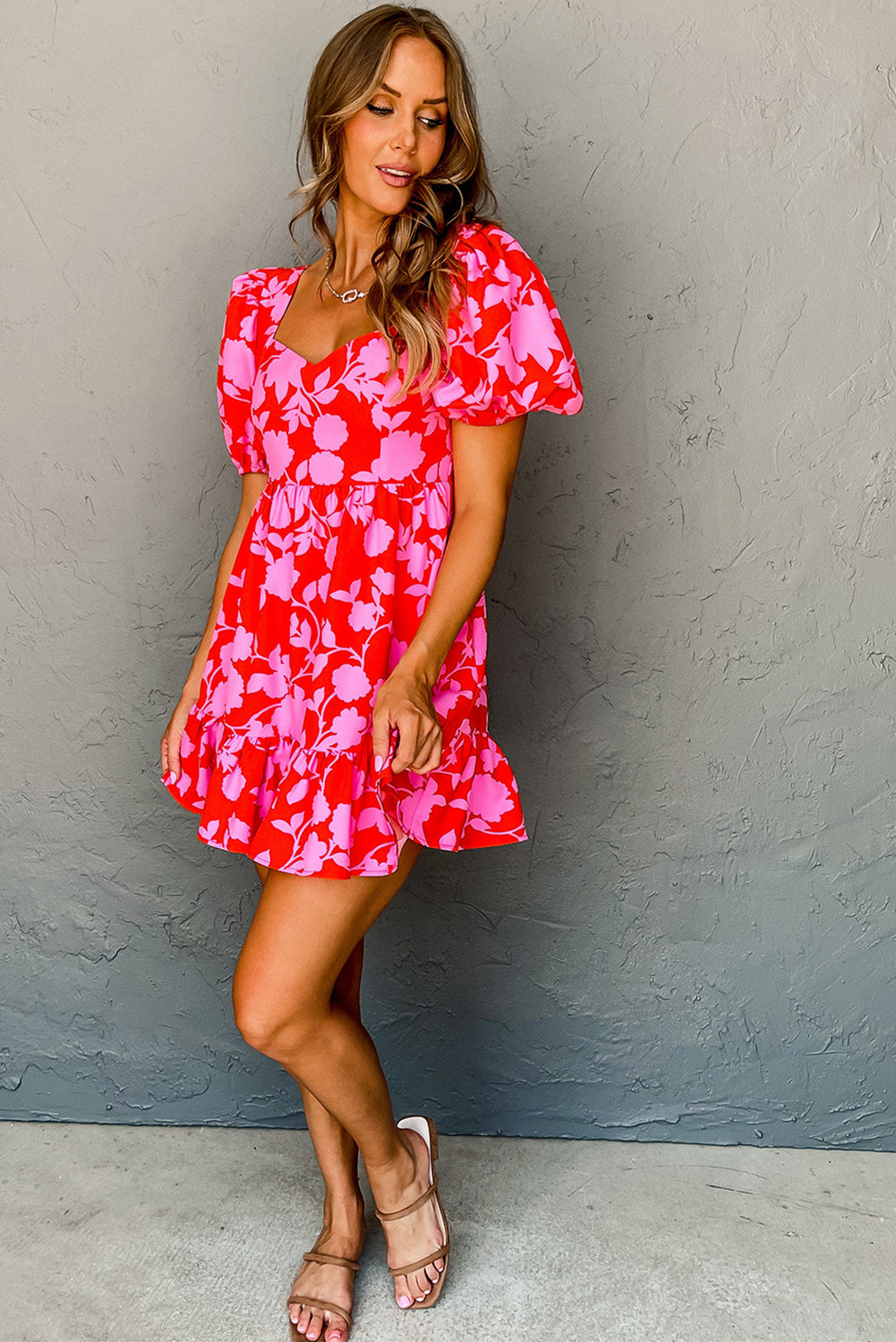 Red Floral Bubble Sleeve Sweetheart Neck Ruffled Mini Dress-Short Dresses-[Adult]-[Female]-2022 Online Blue Zone Planet