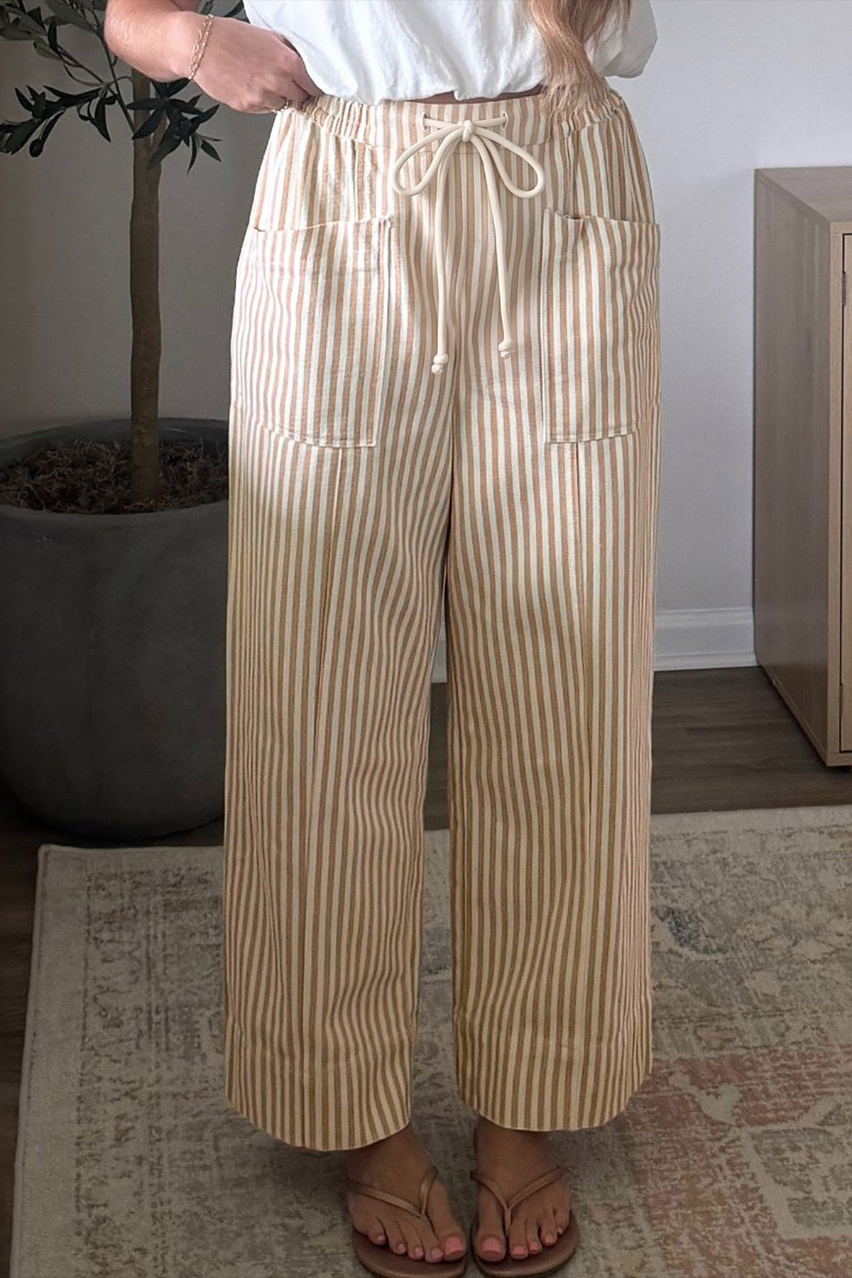 Apricot Stripe Ribbon Drawstring Waist Full-Length Shift Pant-Bottoms/Pants & Culotte-[Adult]-[Female]-2022 Online Blue Zone Planet