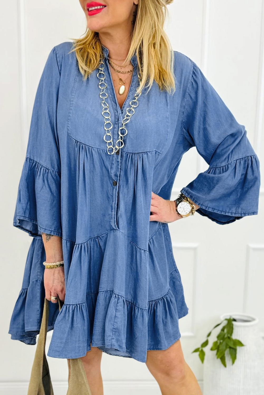 Sky Blue Chambray Ruffled 3/4 Sleeve Tiered Split V Neck Mini Dress-Short Dresses-[Adult]-[Female]-Sky Blue-S-2022 Online Blue Zone Planet