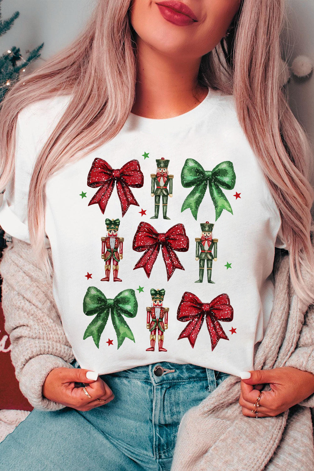 White Bowknot Nutcracker Printed Crewneck Christmas T Shirt-Graphic/Graphic Tees-[Adult]-[Female]-White-S-2022 Online Blue Zone Planet