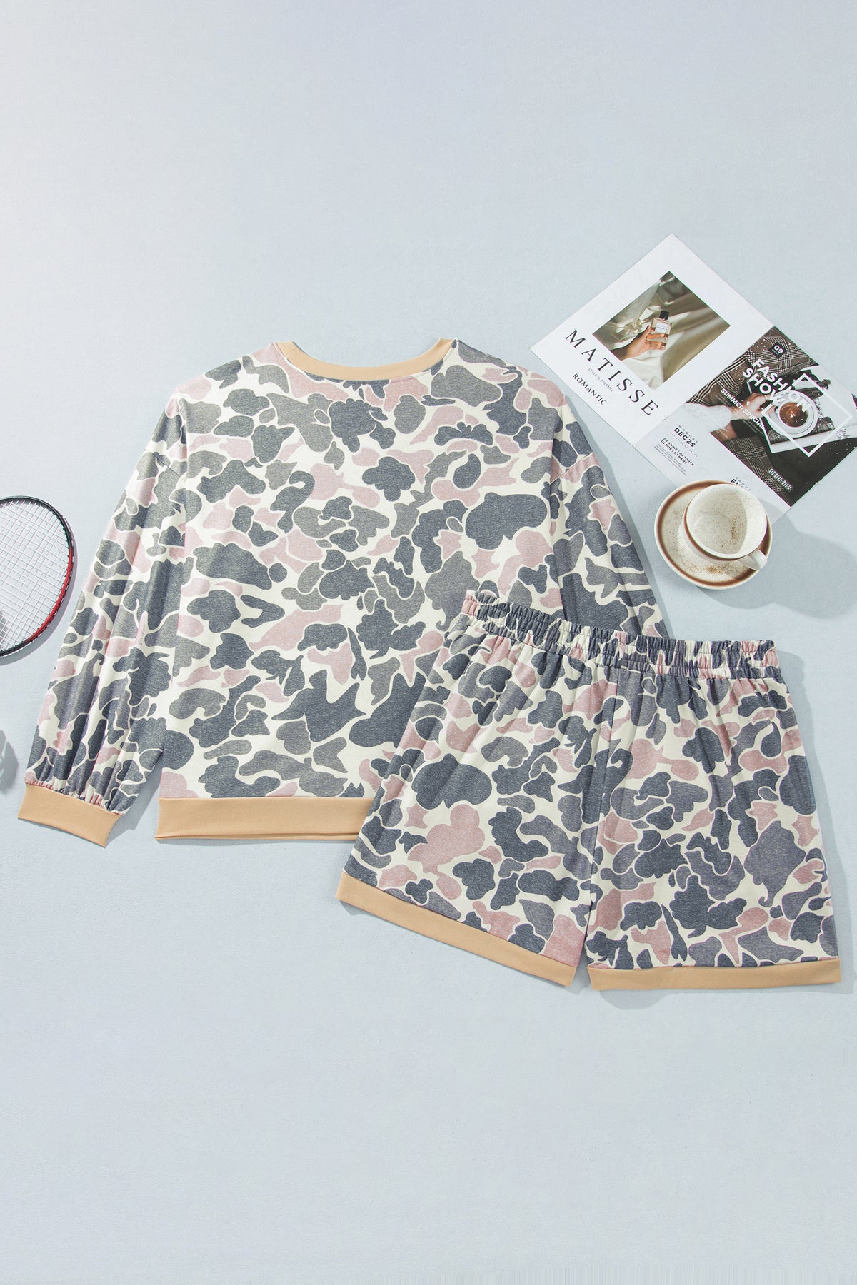 Multicolour Camouflage Print Round Neck Drop Shoulder Pullover Plus Size Shorts Set-Plus Size/Plus Size Loungewear-[Adult]-[Female]-2022 Online Blue Zone Planet