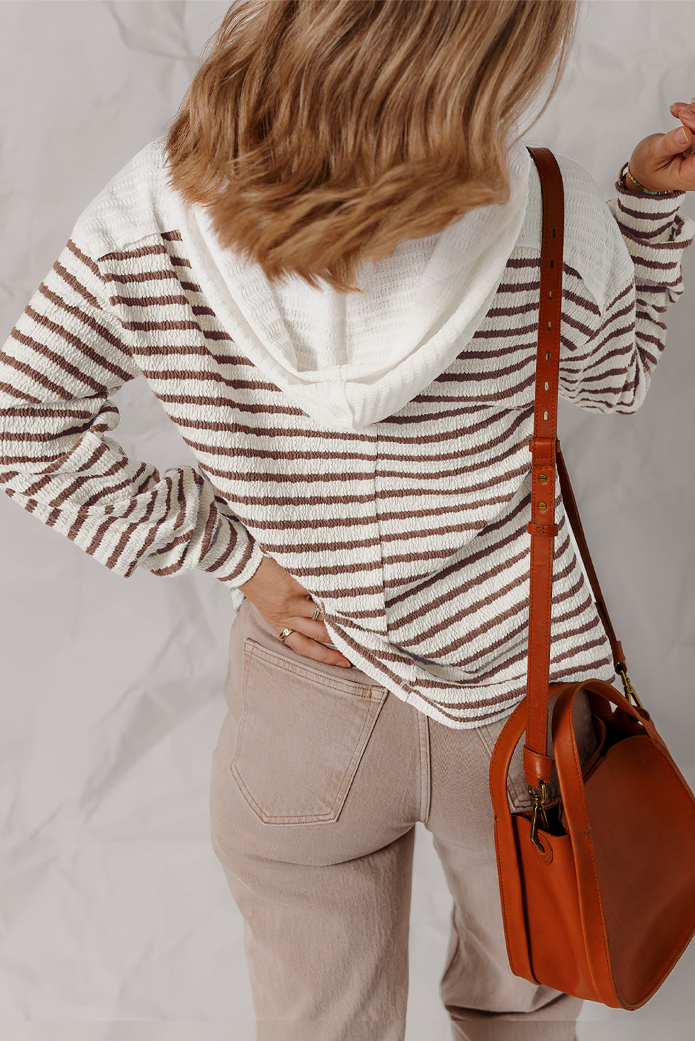 Khaki Stripe Textured Hooded V Neck Casual Long Sleeve Top-Tops / Dresses-[Adult]-[Female]-2022 Online Blue Zone Planet