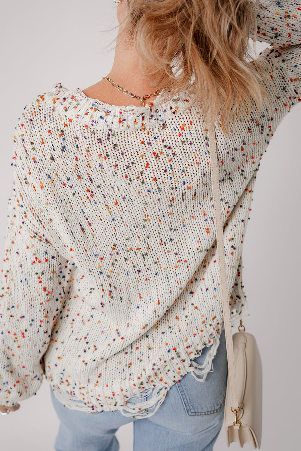 White Colorful Confetti Distressed Knit Sweater-Sweaters & Cardigans/Sweaters-[Adult]-[Female]-2022 Online Blue Zone Planet