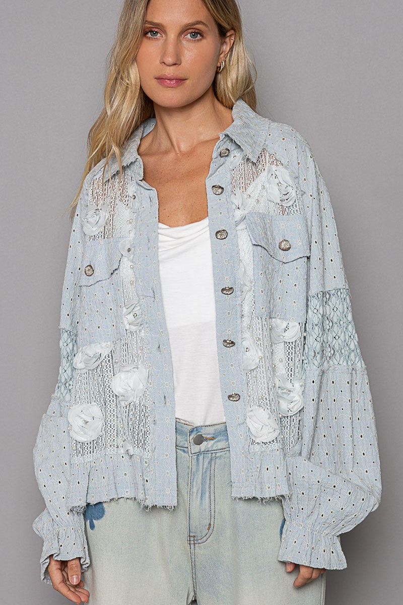 POL Eyelet Flower Pearl Detail Lace Patchwork Shirt-TOPS / DRESSES-[Adult]-[Female]-Powder Blue-S-2022 Online Blue Zone Planet