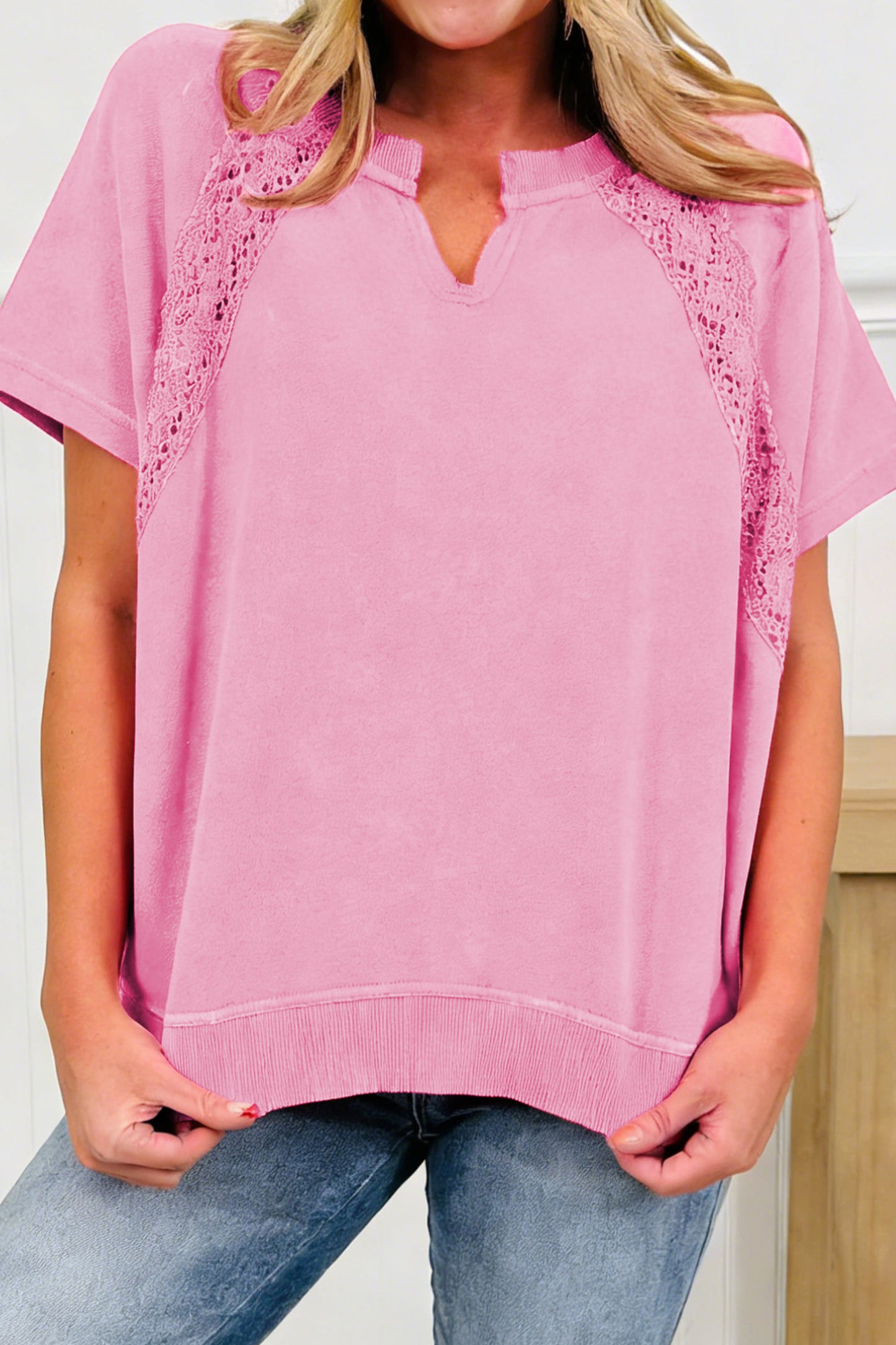 Mint Green Raw Cut Notched Neck Lace Patchwork Detail Mineral Wash Tee-Tops/Tops & Tees-[Adult]-[Female]-Pink-S-2022 Online Blue Zone Planet