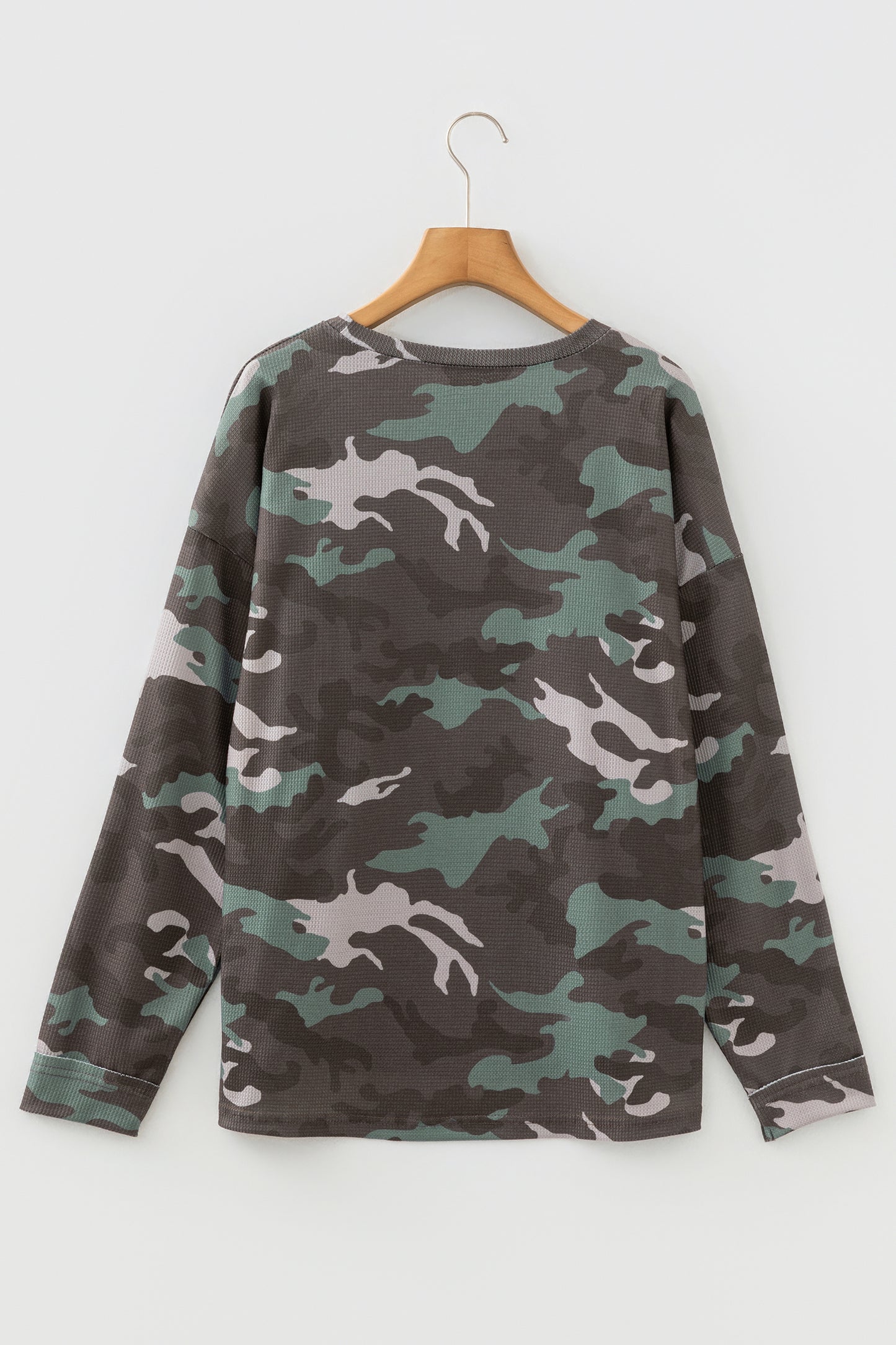 Green Camouflage Print Textured Drop Shoulder Long Sleeve Top-Tops/Long Sleeve Tops-[Adult]-[Female]-2022 Online Blue Zone Planet