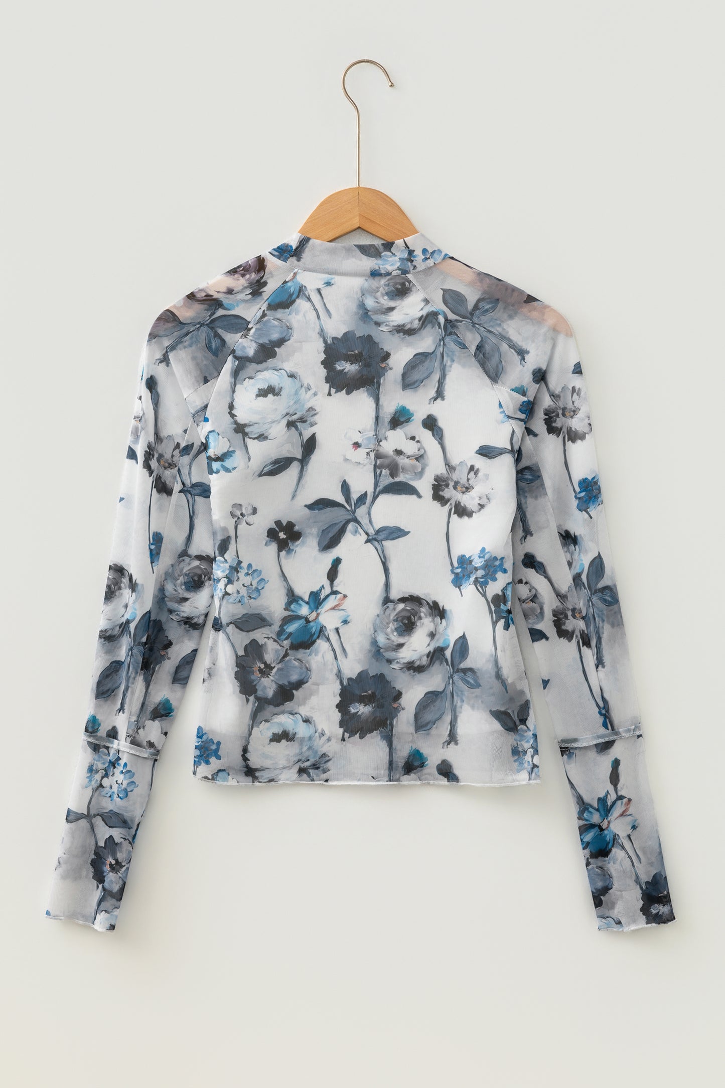 Sky Blue Floral Mesh High Neck Long Sleeve Sheath Top-Tops/Long Sleeve Tops-[Adult]-[Female]-2022 Online Blue Zone Planet