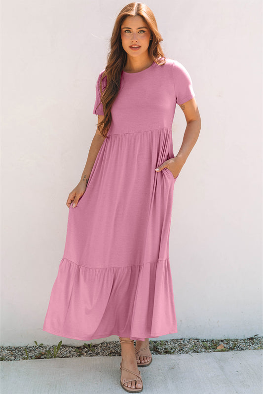 Pink Solid Color T-shirt High Waist Pocketed Long Dress-TOPS / DRESSES-[Adult]-[Female]-Pink-S-2022 Online Blue Zone Planet