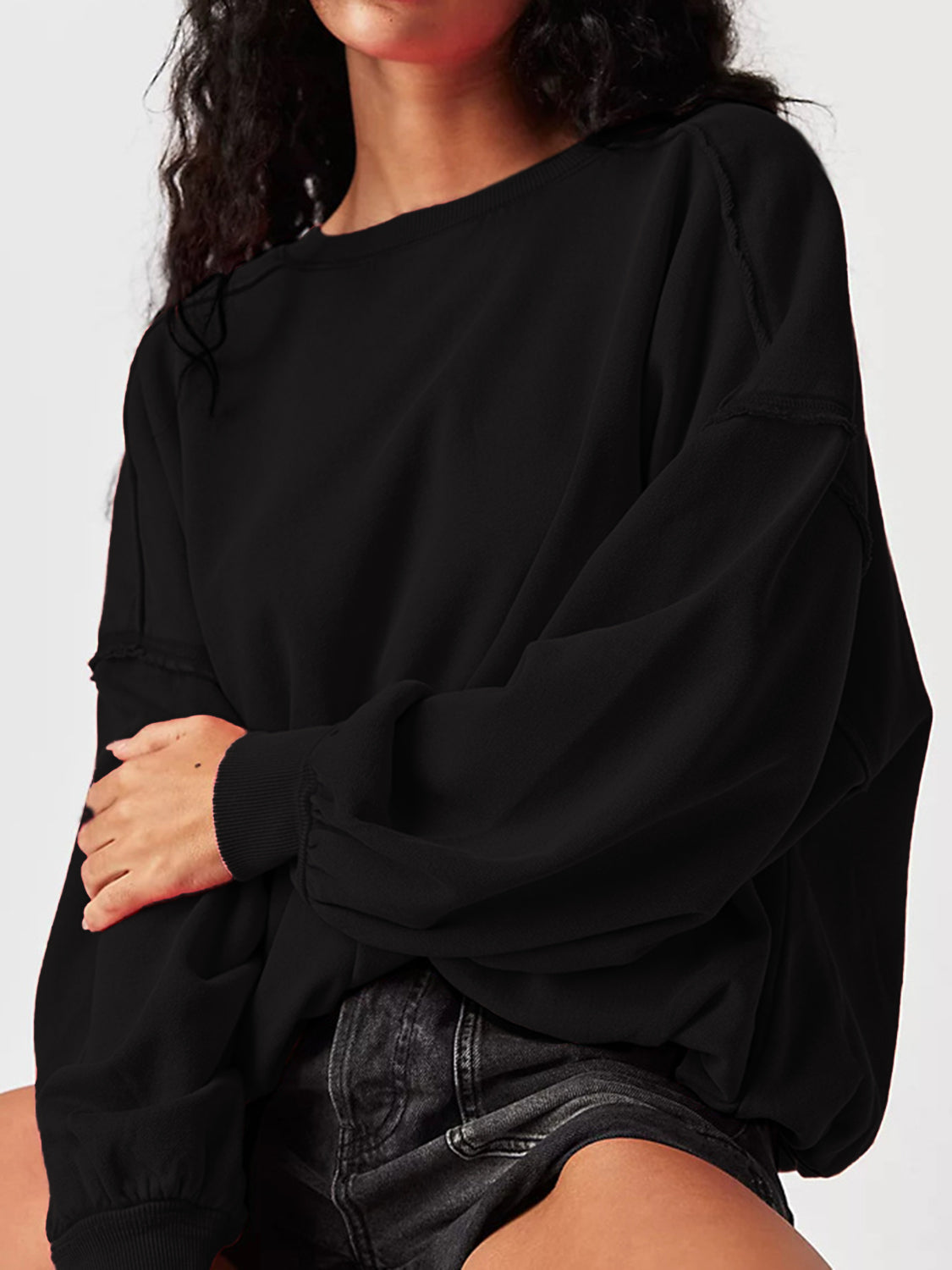 Exposed Seam Round Neck Long Sleeve Sweatshirt-TOPS / DRESSES-[Adult]-[Female]-Black-S-2022 Online Blue Zone Planet