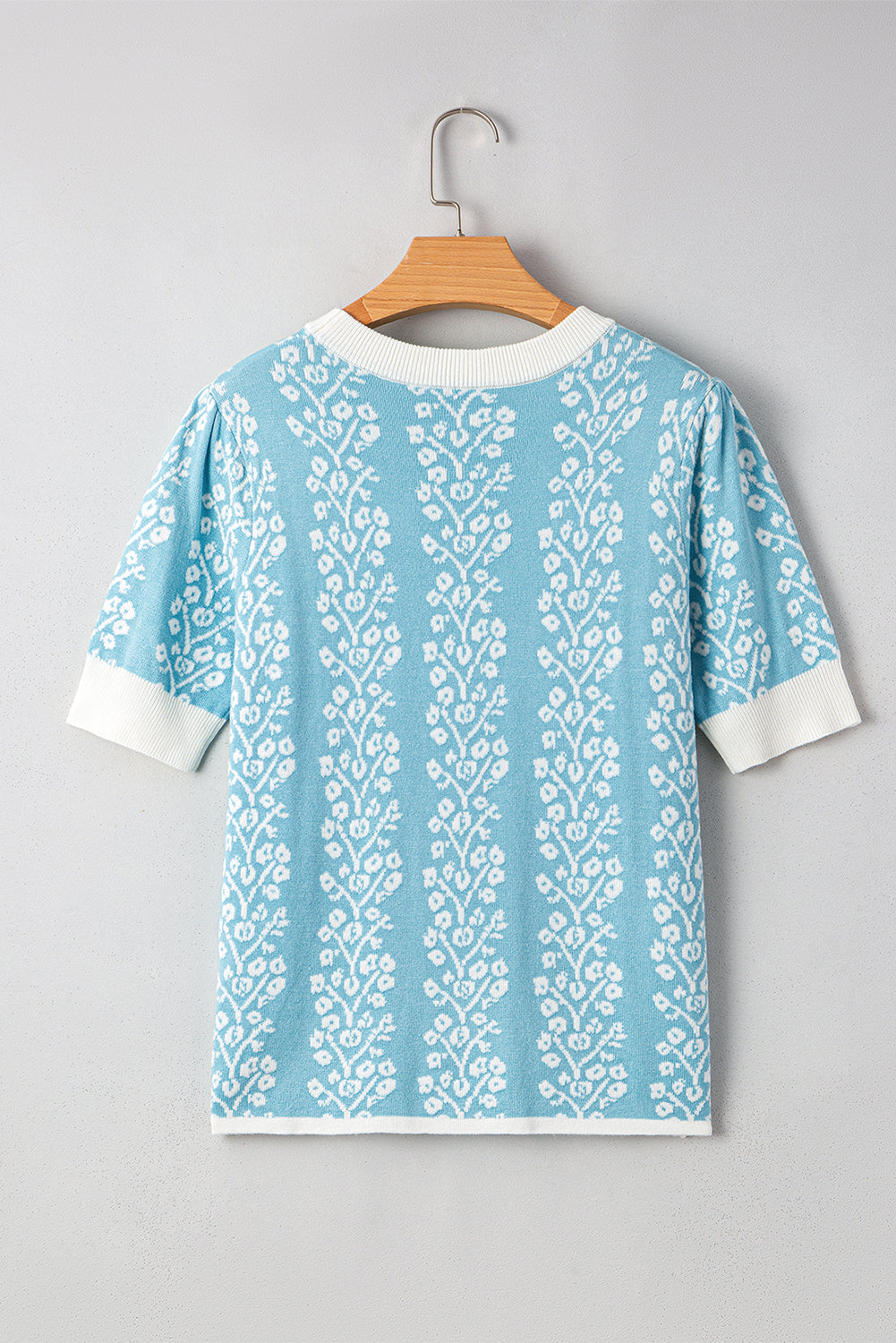 Sky Blue Contrast Floral Crewneck Short Sleeve Sweater-Sweaters & Cardigans/Short Sleeve Sweaters-[Adult]-[Female]-2022 Online Blue Zone Planet