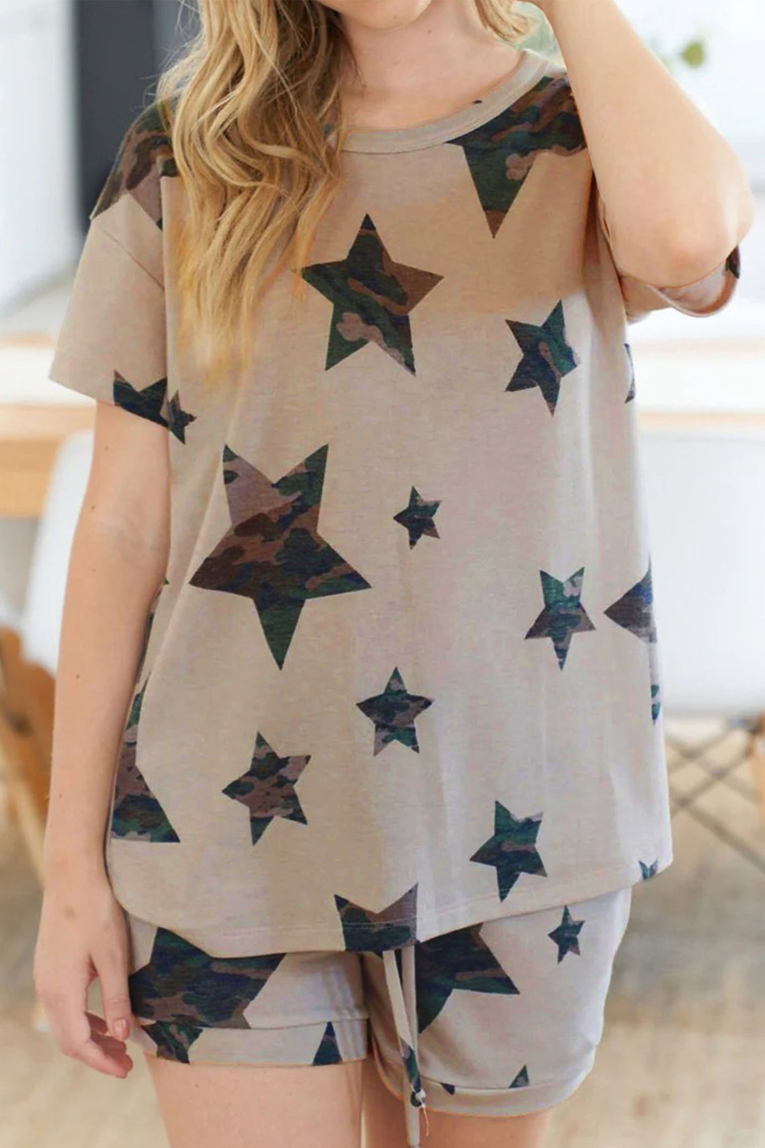 Khaki Camo Star Print Short Lounge Set-Loungewear & Sleepwear/Loungewear-[Adult]-[Female]-2022 Online Blue Zone Planet