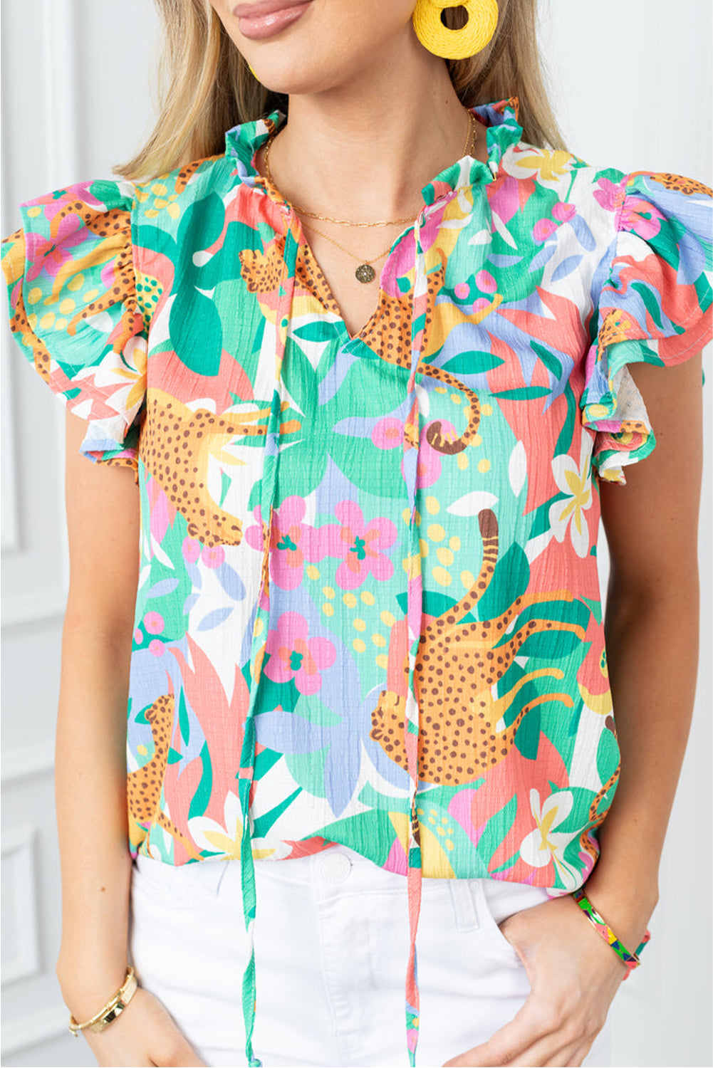 Green Frilly Ruffle Tie Split Neck Summer Floral Blouse-Tops/Blouses & Shirts-[Adult]-[Female]-Green-S-2022 Online Blue Zone Planet