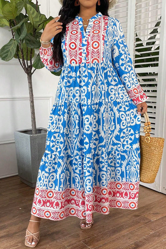 Sky Blue Vintage Floral Color Block Notch Neck Plus Size Dress-Plus Size/Plus Size Dresses/Plus Size Maxi Dresses-[Adult]-[Female]-Sky Blue-1X-2022 Online Blue Zone Planet