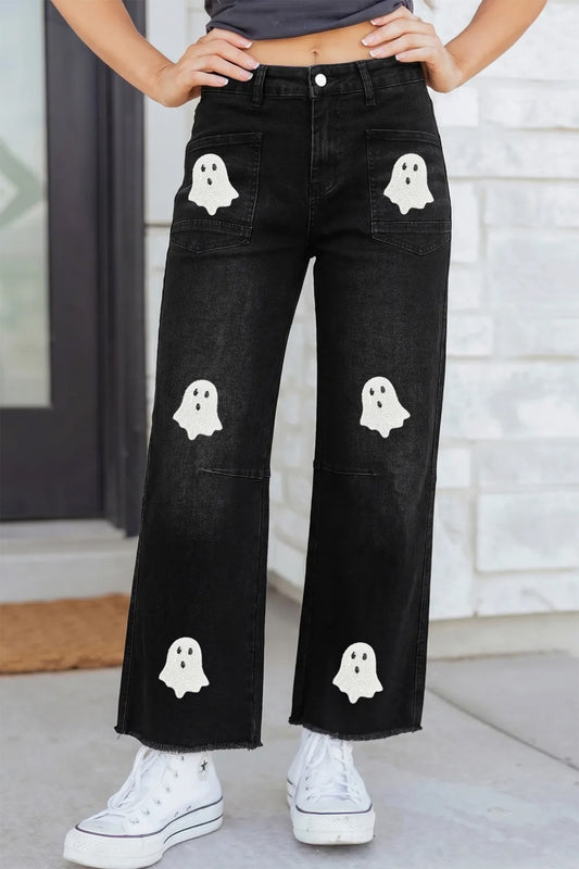 Black Sequin Ghost Patched Graphic Raw Hem Casual Jeans-Graphic/Graphic Pants-[Adult]-[Female]-Black-4-2022 Online Blue Zone Planet