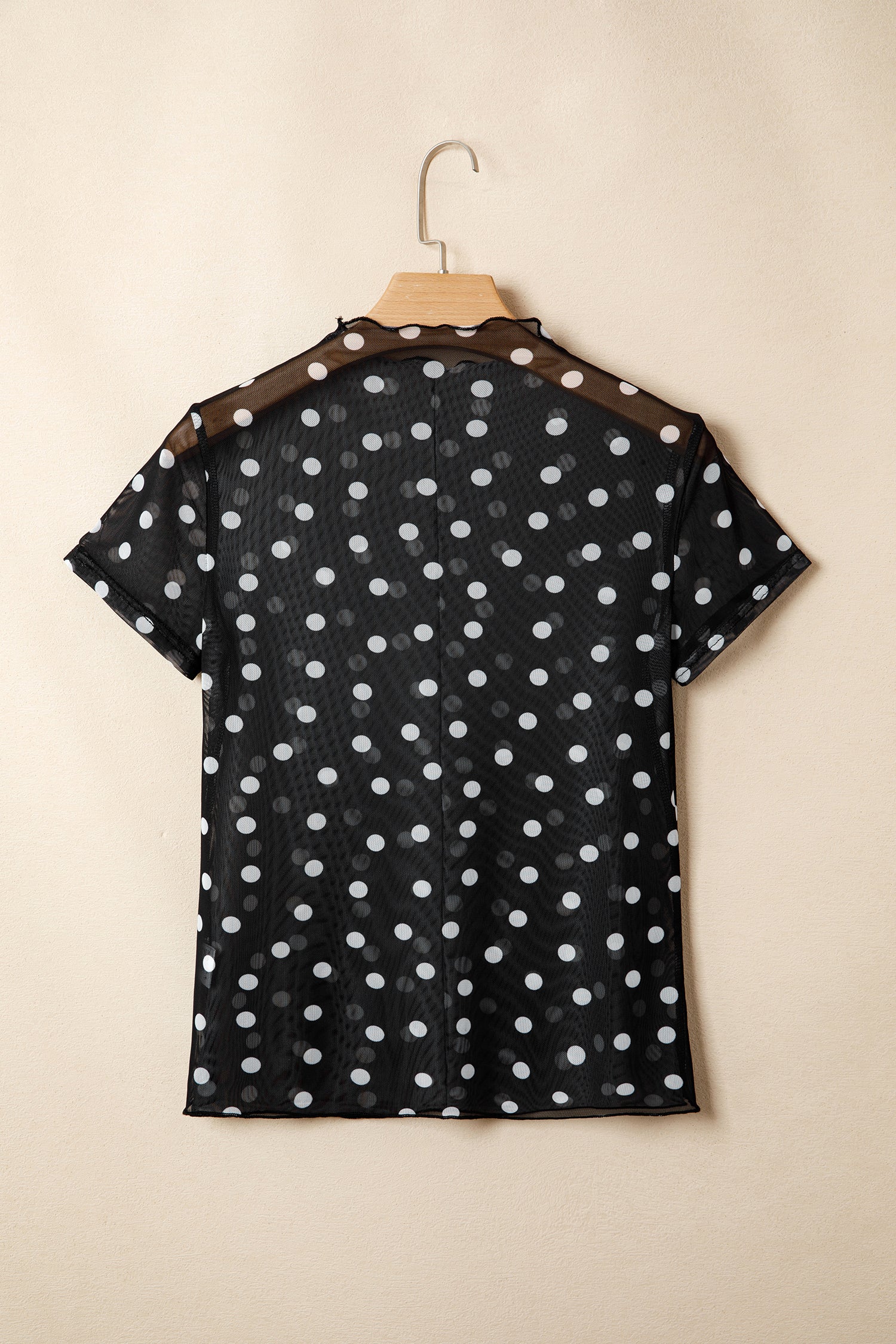 Black Polka Dot Printed High Neck Sheer Mesh Tee-Tops/Tops & Tees-[Adult]-[Female]-2022 Online Blue Zone Planet